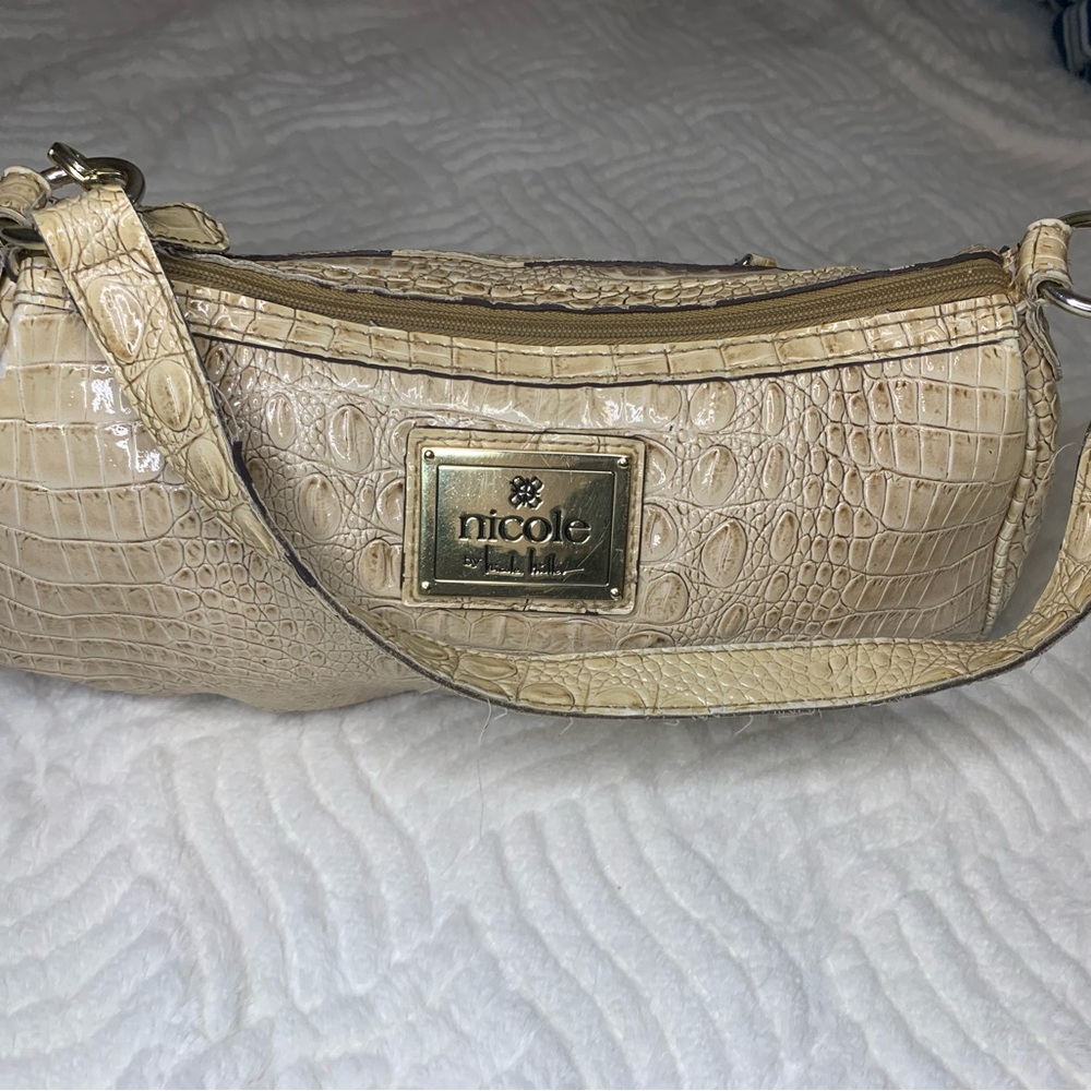 Nicole Miller Cream Croc Print Shoulder Bag 2000s Vintage Medium Shoulder Purse